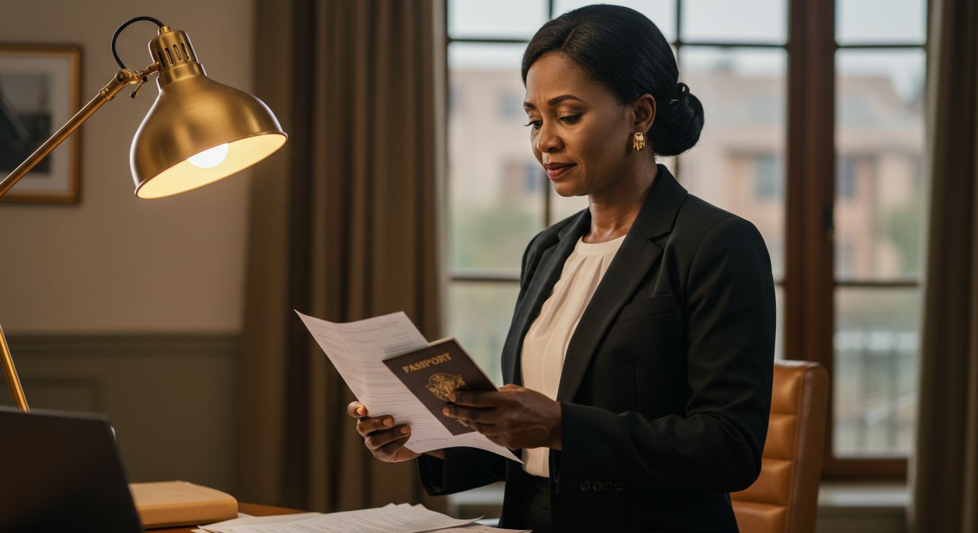 Person handling documents and a passport